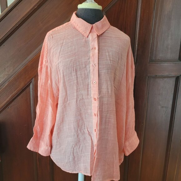 Cupio Womens Coral Button-Up Shirt 1X Lightweight Rayon Blend Long Sleeve Collar - Picture 1 of 7